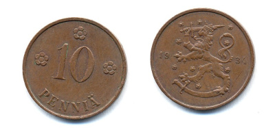 Финляндия 10 пенни 1934 республика (1918-1962) KM 24 медь 51-5422