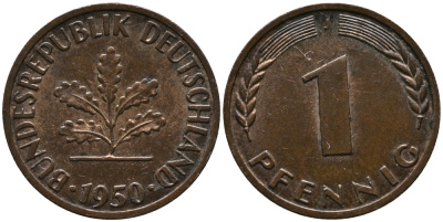 ФРГ 1 пфенниг 1950 J KM 105, J.380 сталь плакированная медью 99-249