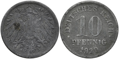 Германия 10 пфеннигов 1920 KM 26 цинк 4171-253