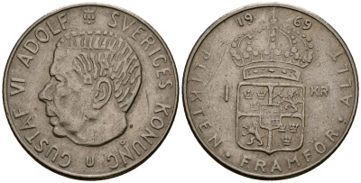 Швеция 1 крона 1969 Густав VI Адольф (1950-1973) KM 826a медь плакированная медно-никелем 4176-527