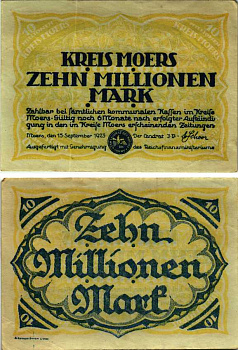 МЁРС 10000000 МАРОК 1923 НОТГЕЛЬД, 15 СЕНТЯБРЯ 1923, ЗЕМЛЯ СЕВЕРНЫЙ РЕЙН-ВЕСТФАЛИЯ Keller 3592e бумага 6318-39-1-2