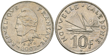 Французская Новая Каледония 10 франков 2007 рыбачья парусная лодка, (IEOM) KM 11a, Schoen 13a, Lec 99k медно-никель 57-223
