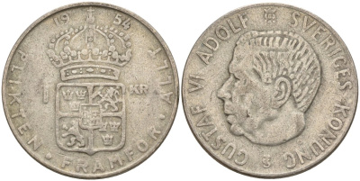 Швеция 1 крона 1954 TS, Густав VI Адольф (1950-1973) KM 826 серебро 4148-1141