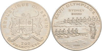 Бенин 200 франков 1999 XXVII Летние Олимпийские игры 2000 года в Сиднее, гребля KM 25 медно-никель UNC 00-00