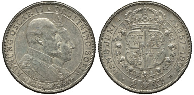 Швеция 2 кроны 1907 Оскар II (1872-1907) король Швеции, золотая свадьба KM 776 серебро 413-6133