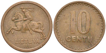 ЛИТВА 10 ЦЕНТОВ 1991 KM 88 бронза 116-134