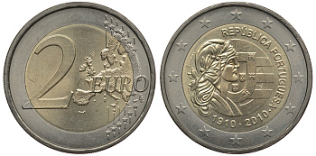 Португалия 2 евро 2010 100 лет Португальской Республике KM 796 биметалл 3856-655