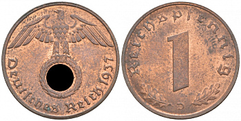 ГЕРМАНИЯ 1 РЕЙХСПФЕННИГ 1937 D J 361, KM 89 бронза aUNC 73-255