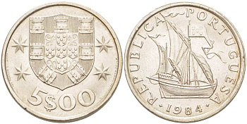 ПОРТУГАЛИЯ 5 ЭСКУДО 1984 ПАРУСНИК KM 591 медно-никель UNC 4513-1056