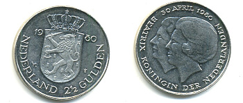 Нидерланды 2 1/2 гульдена 1980 коронация Беатрикс, 30 апреля 1980 KM 201 никель 84-1241