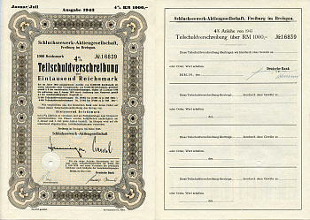 Германия 1000 рейхсмарок 1943 АО Schluchseewerk (оператор 5 ГЭС), Фрайбург-им-Брайсгау, 4% -ное частичное обязательство, облигация   бумага  8801-101-1