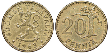 Финляндия 20 пенни 1963 S KM 47 алюминиевая бронза 259-517