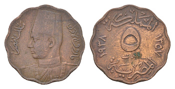 Египет 5 миллим 1938 KM 360 бронза 4659-968