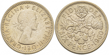 Великобритания 6 пенсов 1960 Елизавета II (1952-2022) KM 903, Spink 4149 медно-никель 214-719