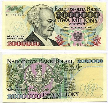 Польша 2000000 злотых 1993 серия В, Игнаций Ян Падеревский Pick 163a  бумага аUNC 7218-18-3-2