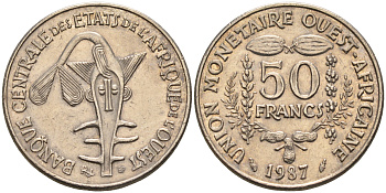 Валютное сообщество стран Западной Африки 50 франков 1987  KM 6 медно-никель  UNC  4595-734