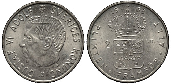 Швеция 2 кроны 1968 U, Густав VI Адольф (1950-1973) KM 827а медно-никель UNC 36-614