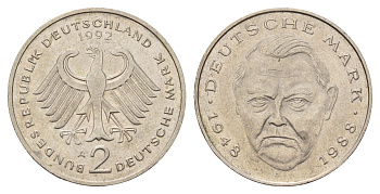ФРГ 2 марки 1992 A, Людвиг Эрхард, 40 лет Федеративной Республике (1948-1988) KM 170, J. 445 медно-никель 3459-1021