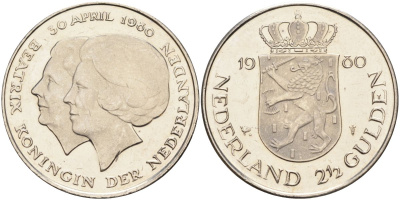 Нидерланды 2 1/2 гульдена 1980 коронация Беатрикс, 30 апреля 1980 KM 201 никель 4593-1033