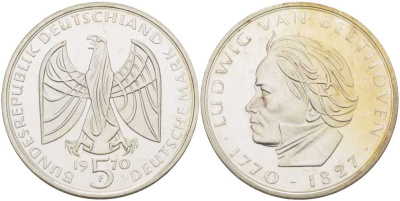ФРГ 5 марок 1970 F. 200 лет со дня рождения Людвига ван Бетховена KM 127, J. 408 серебро PROOF 180-1021