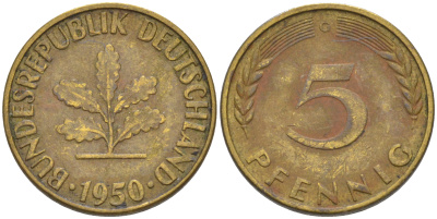 ФРГ 5 пфеннигов 1950 G KM 107, J. 382 сталь плакированная латунью 55-1251