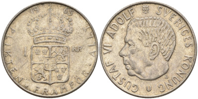 Швеция 1 крона 1965 U, Густав VI Адольф (1950-1973) KM 826 серебро 4150-156