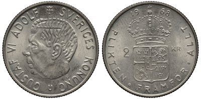 Швеция 2 кроны 1968 U, Густав VI Адольф (1950-1973) KM 827а медно-никель UNC 36-614