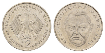 ФРГ 2 марки 1992 A, Людвиг Эрхард, 40 лет Федеративной Республике (1948-1988) KM 170, J. 445 медно-никель 3459-1021