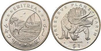 Эритрея 1 доллар 1993 берегите планету Земля - Трицератопс KM 10 медно-никель BU 4558-923