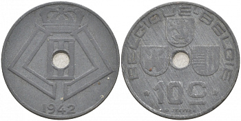 Бельгия 10 сантимов 1942 Belgique - Belgie, Леопольд III (1934-1947), германская оккупация, Вторая мировая война KM 125 цинк 68-226