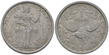 Французская Новая Каледония 1 франк 1973 птица кагу, (IEOM) KM 10, Schoen 10, Lec 39 алюминий    51-724