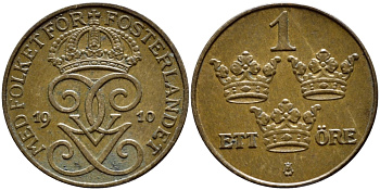 Швеция 1 эре 1910 Густав V (1907-1950) KM 777.2 бронза 4396-161