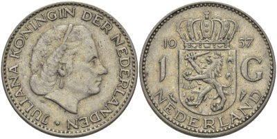 Нидерланды 1 гульден 1957 Юлиана (1948-1980) KM 184 серебро 98-1134