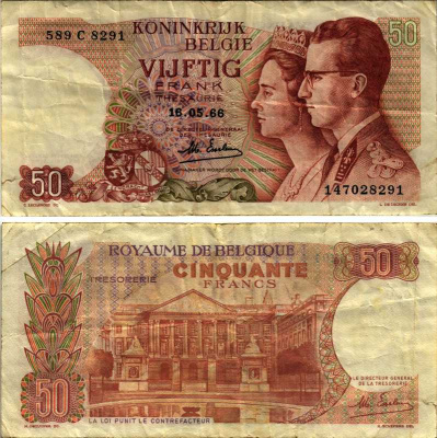 Бельгия 50 франков 1966 вариант подписи № 19, Бодуэн I и королева Фабиола Pick 139 (2)  бумага   7554-24-1-1