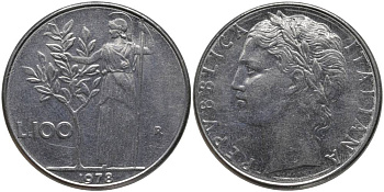 ИТАЛИЯ 100 ЛИР 1978 R, АФИНА KM 96.1 нержавеющая сталь 97-433