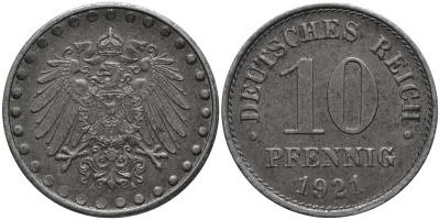 Германия 10 пфеннигов 1921 А KM 20 железо 4171-251