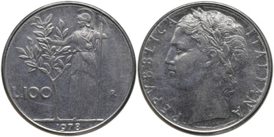ИТАЛИЯ 100 ЛИР 1978 R, АФИНА KM 96.1 нержавеющая сталь 97-433