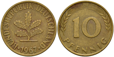 ФРГ 10 пфеннигов 1967 D J. 383, KM 108 сталь плакированная латунью    4603-331