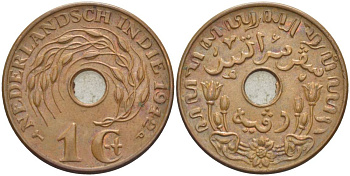 Нидерландская Восточная Индия 1 цент 1942 р, Вильгельмина (1890-1948) KM 317 бронза 219-556