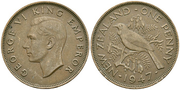 Новая Зеландия 1 пенни 1947 Птица Туи, Король Георг VI (1937 - 1952) KM 13 бронза 97-841