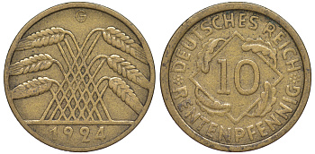 Германия 10 рентенпфеннигов 1924 G KM 33, J. 309 алюминиевая бронза 4604-652