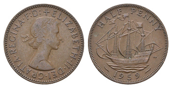 Великобритания 1/2 пенни 1959 Елизавета II (1952-2022) KM 896, Spink 4158 бронза 4662-1151