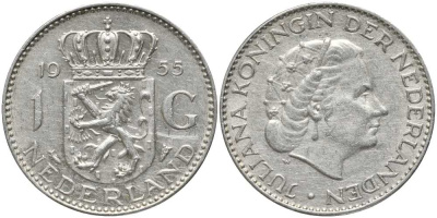 Нидерланды 1 гульден 1955 Юлиана (1948-1980) KM 184 серебро 202-554