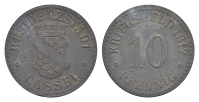 Кассель 10 пфеннигов 1917 Funck 78.3, Men05 4302.3, Men18 5464.3 цинк 4636-1157