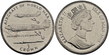 Остров Мэн 1 крона 1995 самолеты II-ой мировой войны, Дуглас DC-3 Дакота КМ 518 медно-никель UNC M91-09