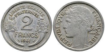 Франция 2 франка 1941 KM 886а.1 алюминий 83-1947