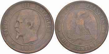 ФРАНЦИЯ 10 САНТИМОВ 1857 A, НАПОЛЕОН III (1852-1870) KM 771.1, LE FRANC 133.39 бронза 38-1242