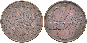 ПОЛЬША 2 ГРОША 1931 w KM 9а бронза 100-425