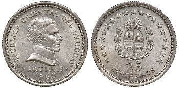 Уругвай 25 сентесимо 1960 KM 40 медно-никель 4169-844