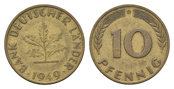 ФРГ 10 пфеннигов 1949 D KM 103, J. 378 сталь плакированная латунью 4618-1121